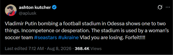 Ashton Kutcher addresses Putin after Russian strike on Odesa stadium
